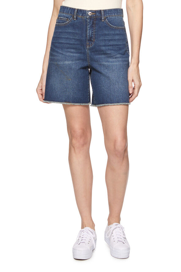 Threadgrit Women's McKenzie Denim Midi Short in Medium Wash