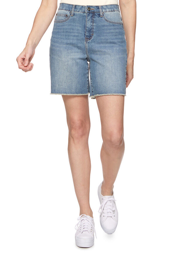 Threadgrit Women's Bonnie Denim Midi Short in Medium Wash