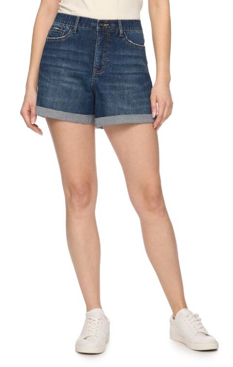 Threadgrit Women's Ursula Cuffed Denim Short in Dark Wash