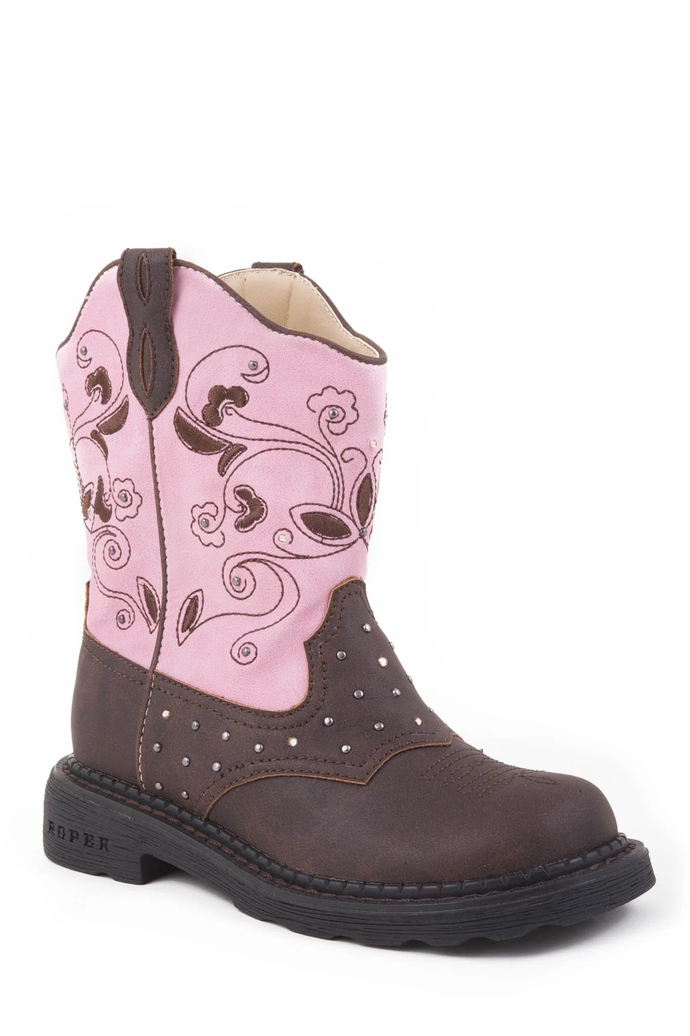 Roper Girl's Saddle Light Western Boot in Brown/Pink