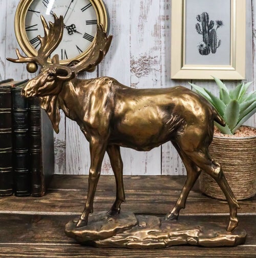 Ebros Gift Realistic Large Gold Patina Bull Moose Statue, 10.5 X 11 X 4.5-In