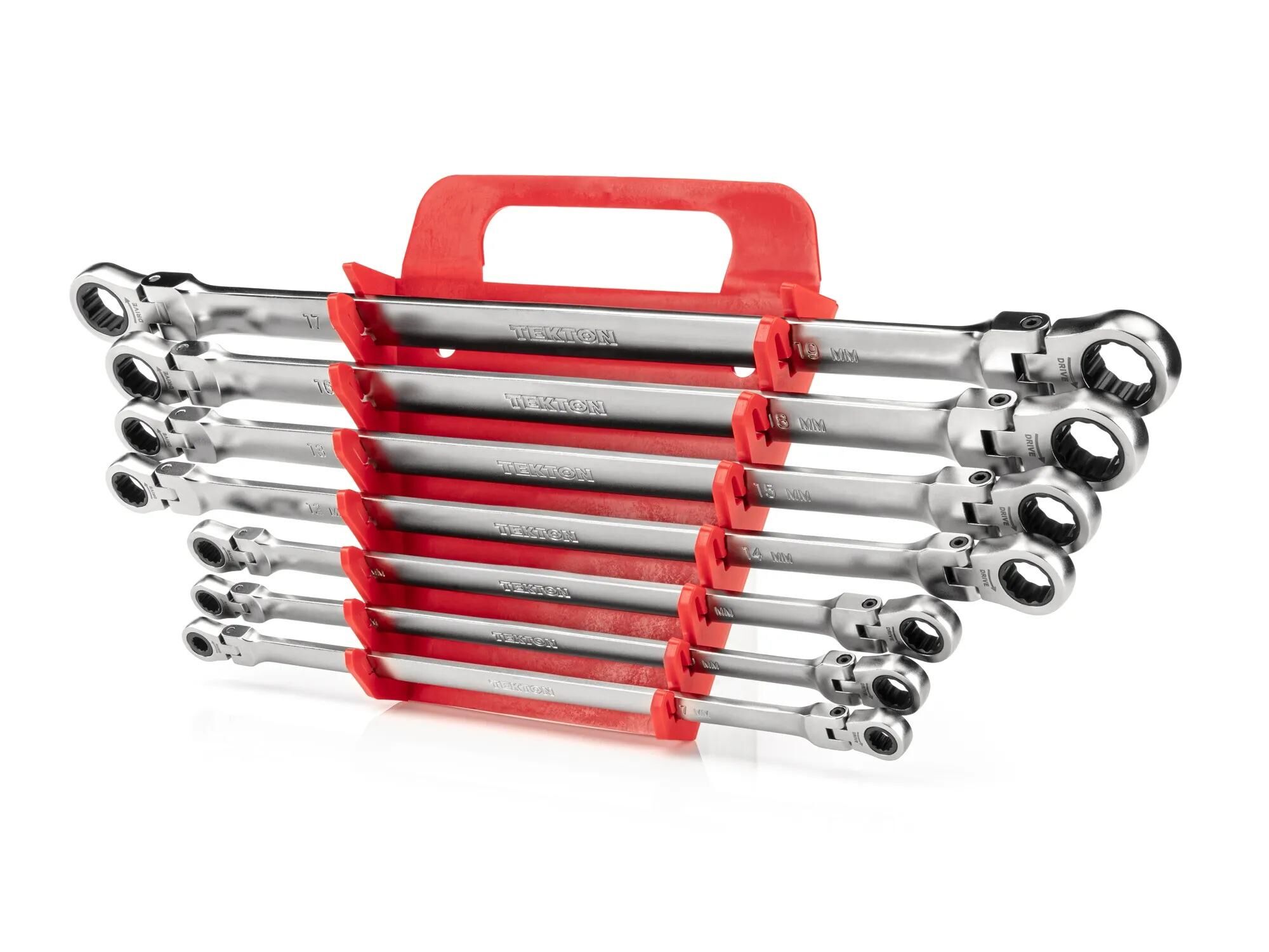 Tekton Long Flex Head 12-Point Ratcheting Box End Metric Wrench Set with Holder, 7-Pc