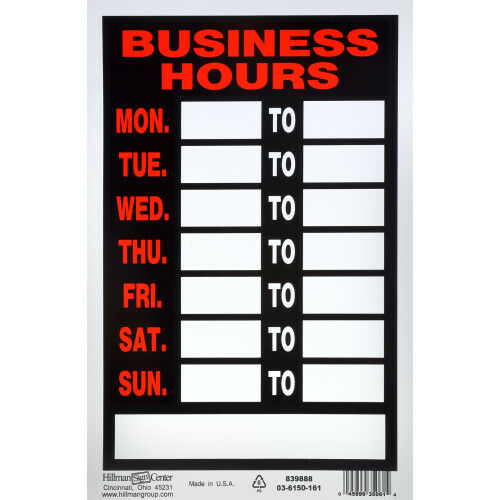 Hillman "Business Hours" Sign - Plastic
