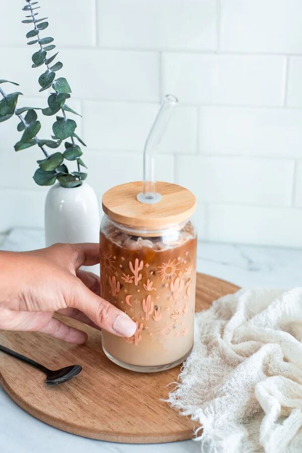 The Care Collective Cactus Glass Can With Bamboo Lid And Straw, 16-Oz