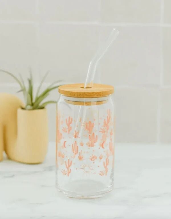 The Care Collective Cactus Glass Can With Bamboo Lid And Straw, 16-Oz