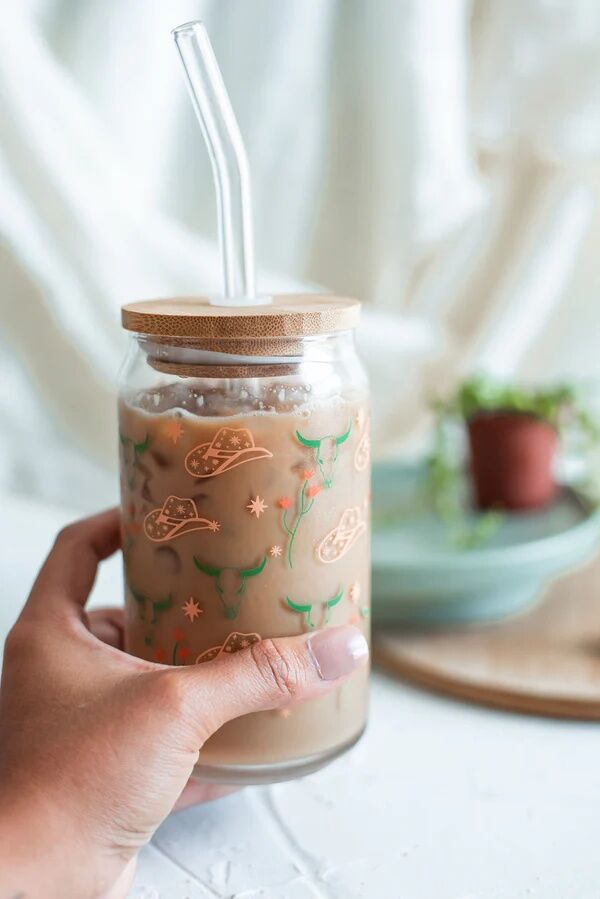 The Care Collective Western Can Glass With Bamboo Lid And Straw, 16-Oz