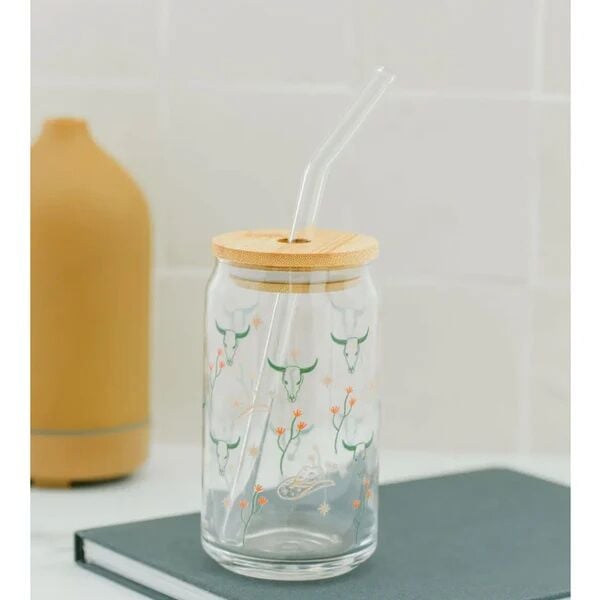 The Care Collective Western Can Glass With Bamboo Lid And Straw, 16-Oz