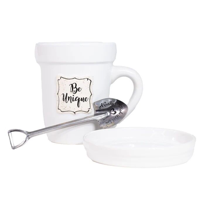 Divinity Boutique White Be Unique Flower Pot Mug With Garden Spade Spoon, 14-Oz