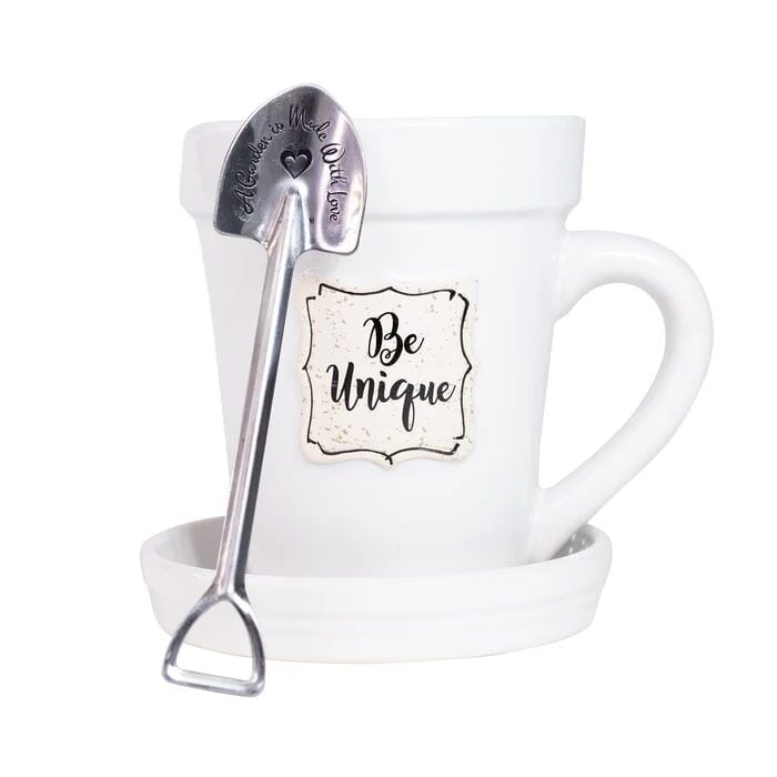 Divinity Boutique White Be Unique Flower Pot Mug With Garden Spade Spoon, 14-Oz