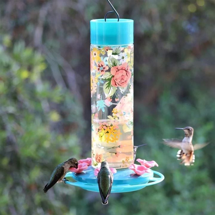 Nature's Way Charming Peony Decorative Glass Hummingbird Feeder, 20-Oz