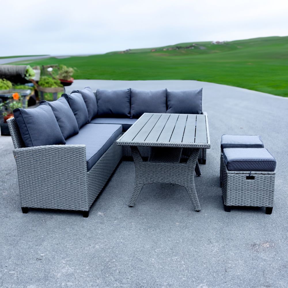Country Supplier Outdoor Wicker Sectional Sofa & Ottoman Set with Table Grey