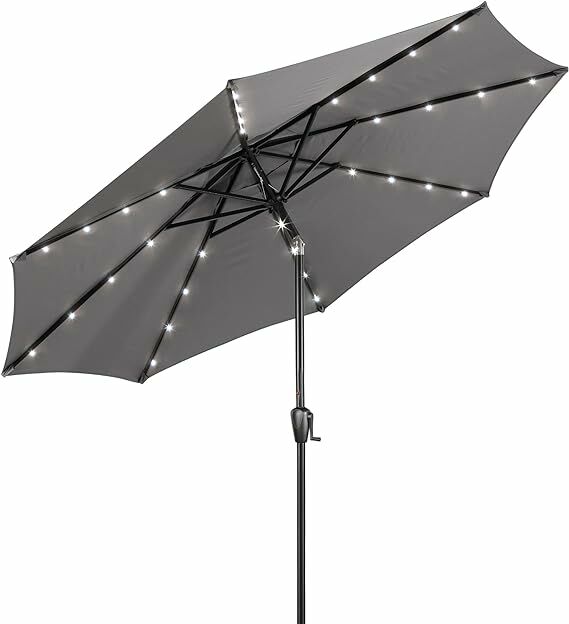 Sun-Ray 9-Ft Round Patio Umbrella With 32 Solar Powered LED Lights, Grey