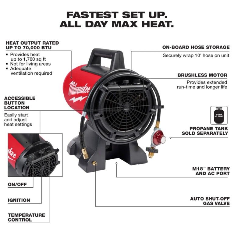 Milwaukee M18 70,000-BTU Forced Air Propane Heater (Tool Only)