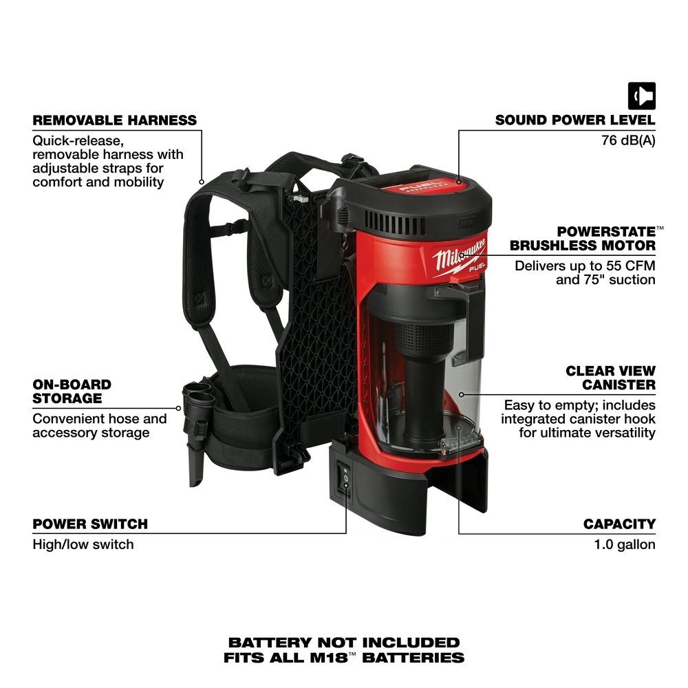 Milwaukee M18 Fuel 3-In-1 Backpack Vacuum, 1-Gal (Tool Only)