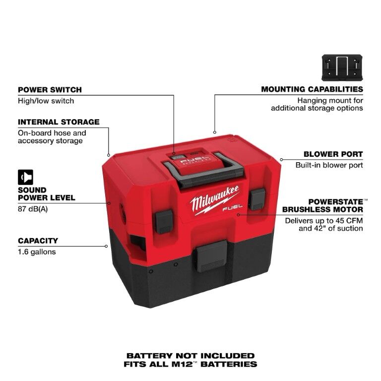Milwaukee M12 Fuel Wet/Dry Vacuum, 1.6-Gal (Tool Only)