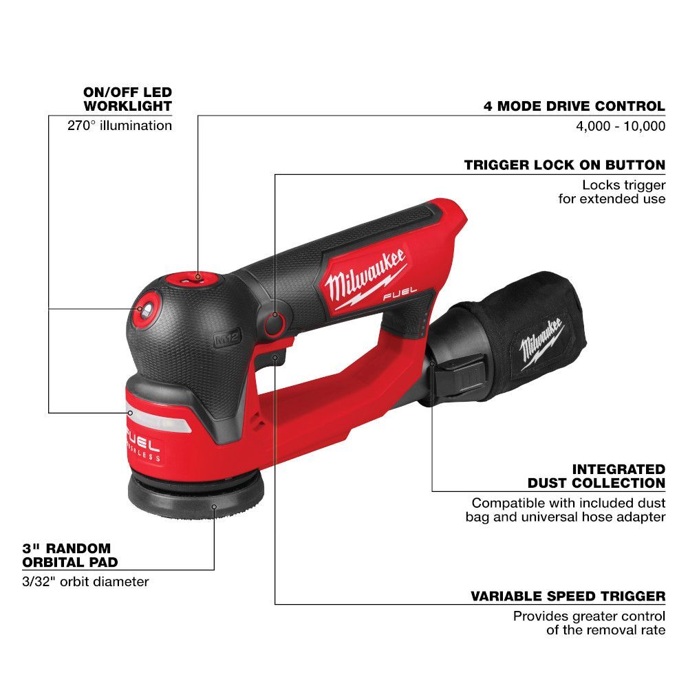 Milwaukee M12 Fuel Random Orbital Detail Sander, 3-In (Tool Only)