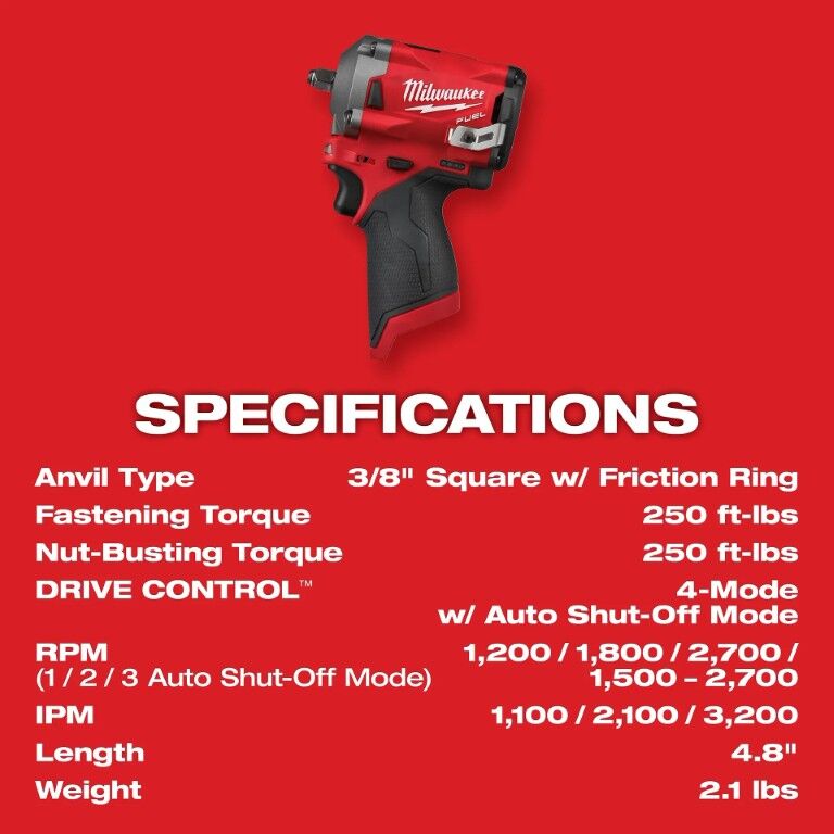 Milwaukee M12 Fuel Stubby Impact Wrench, 3/8-In (Tool Only)