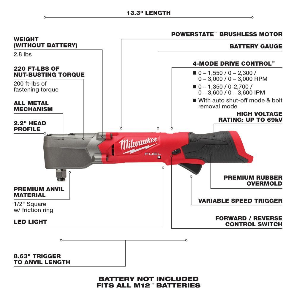 Milwaukee M12 Fuel Right Angle Impact Wrench With Friction Ring, 1/2-In (Tool Only)