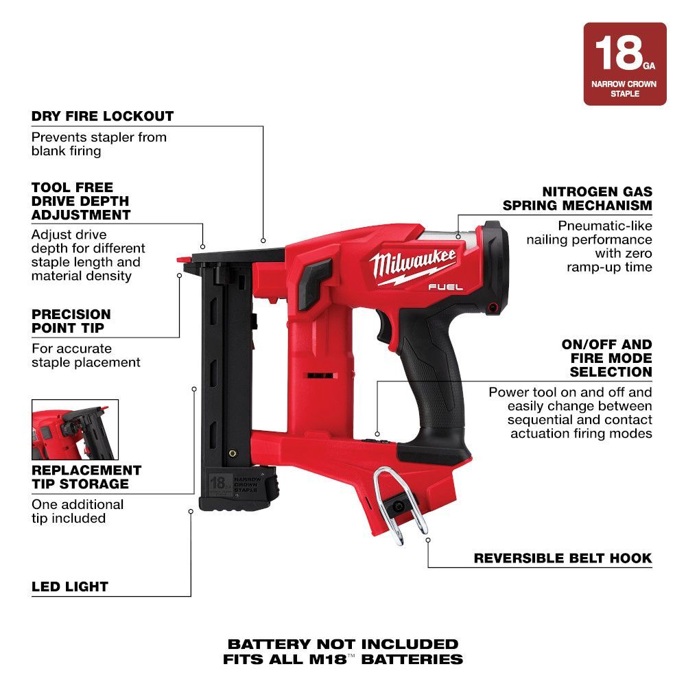 Milwaukee M18 Fuel Narrow Crown Stapler, 18-Gauge 1/4-In (Tool Only)