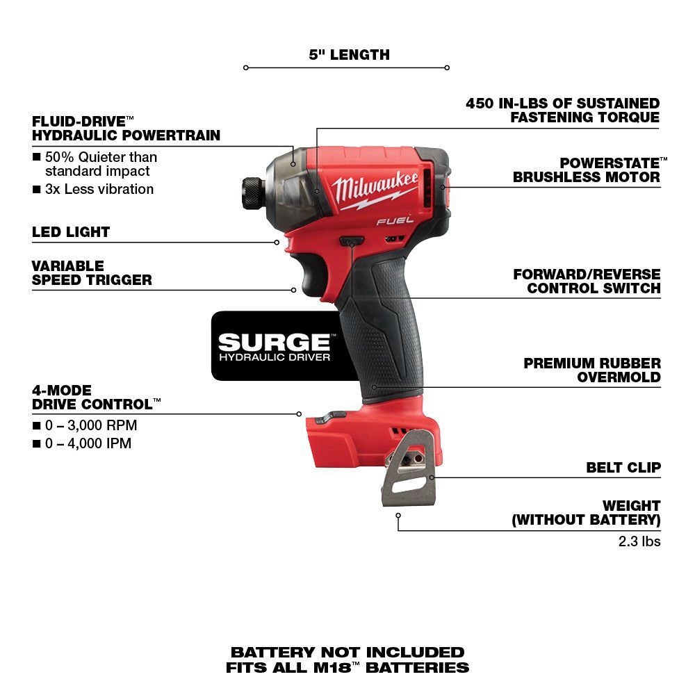 Milwaukee M18 Fuel Surge Hex Hydraulic Impact Driver, 1/4-In (Tool Only)