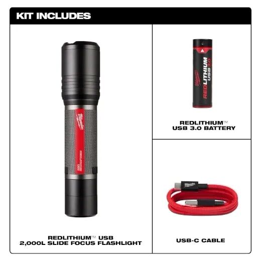 Milwaukee RedLithium USB Rechargeable Slide Focus Flashlight, 2000-Lm