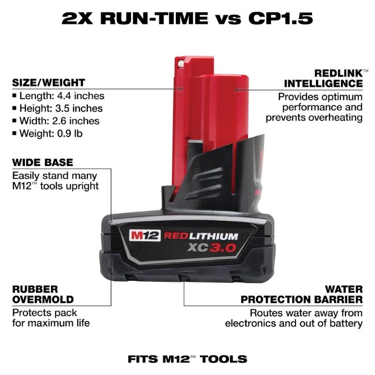 Milwaukee M12 RedLithium XC Battery, 3-Ah, 2 Pk