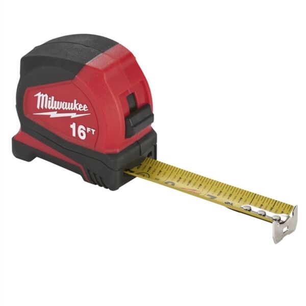Milwaukee Tape Measure, 16 ft L Blade, 1.6 in W Blade, Steel Blade, ABS Case, Black/Red Case