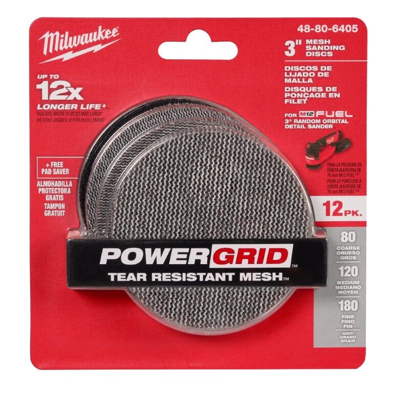 Milwaukee PowerGrid Tear Resistant Mesh Sanding Discs With Pad Saver, 80/120/180-Grit, 3-In 12-Pk