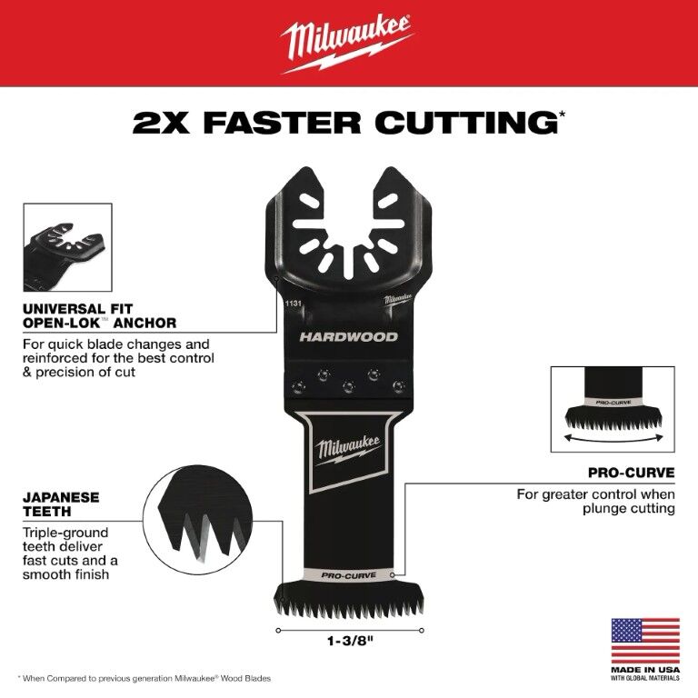 Milwaukee Open-Lok Oscillating HCS Precision Tooth Hardwood Universal Fit Blade, 1 3/8-In