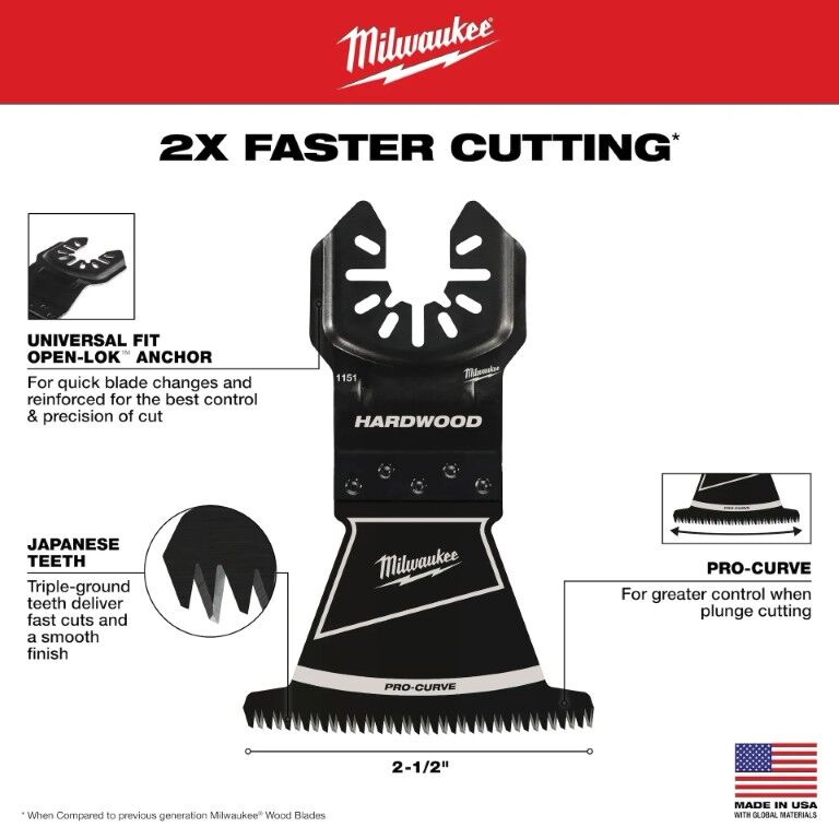Milwaukee Open-Lok Oscillating HCS Precision Tooth Hardwood Universal Fit Blade, 2 1/2-In