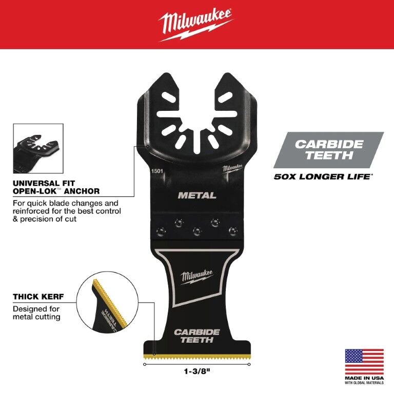 Milwaukee Open-Lok Oscillating Carbide Teeth Metal Universal Fit Blade, 1 3/8-In