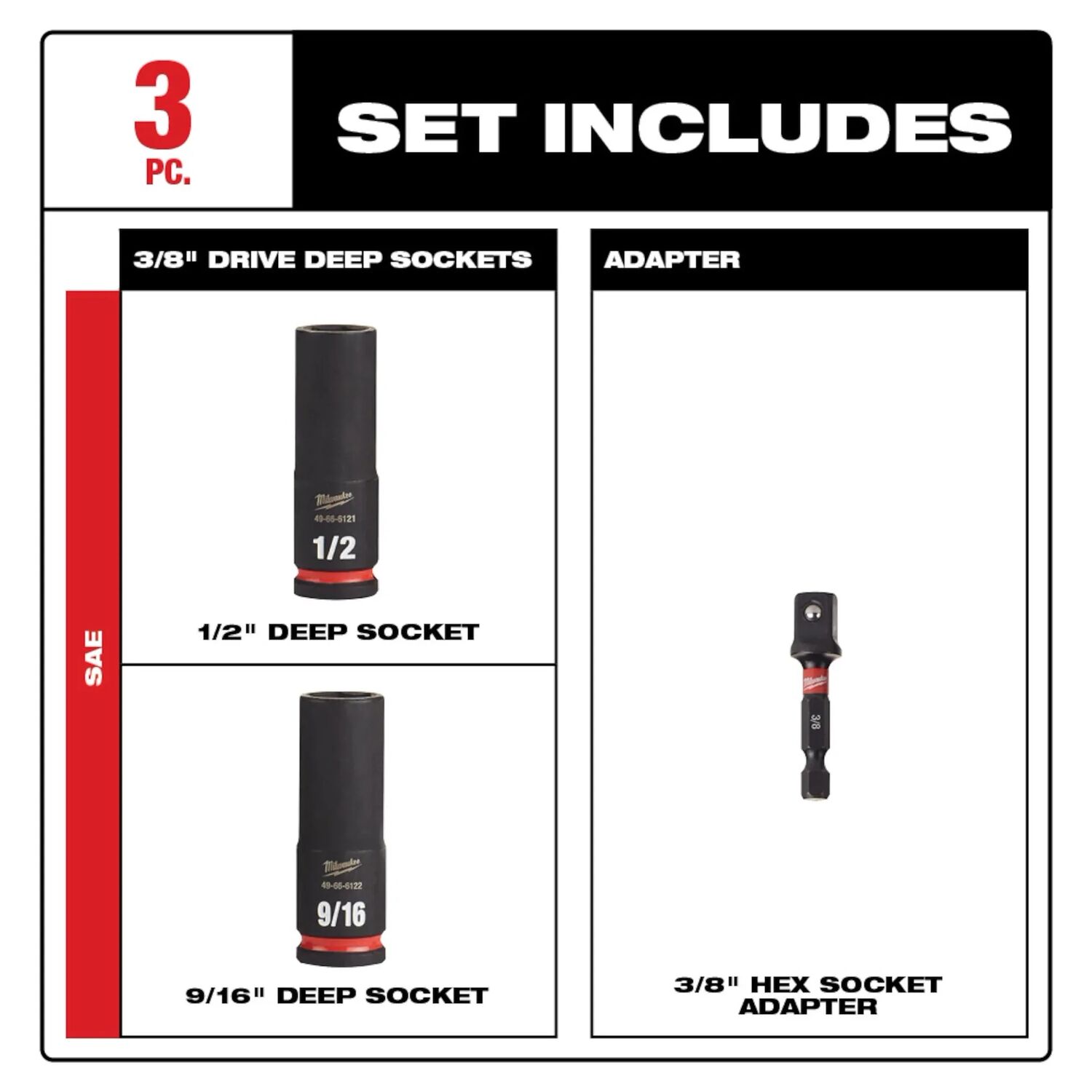 Milwaukee Shockwave Impact Duty SAE Deep 6-Point Socket Set, 3/8-In Drive, 3-Pc