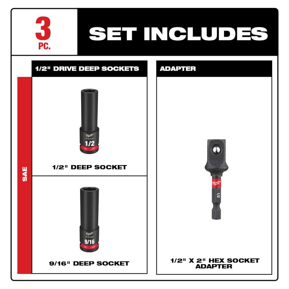 Milwaukee Shockwave Impact Duty SAE 6-Point Deep Socket Set, 1/2-In Drive, 3-Pc