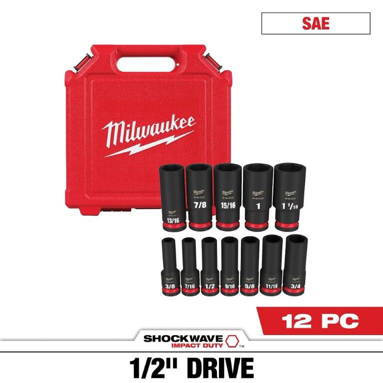 Milwaukee Shockwave Impact Duty SAE 6-Point Deep Socket Set, 1/2-In Drive, 12-Pc