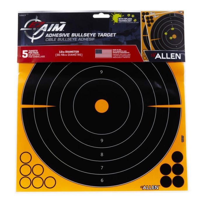 Allen EZ Aim Adhesive Splash Reactive Bullseye Paper Shooting Targets, 12"W X 12"H, 5-Pk