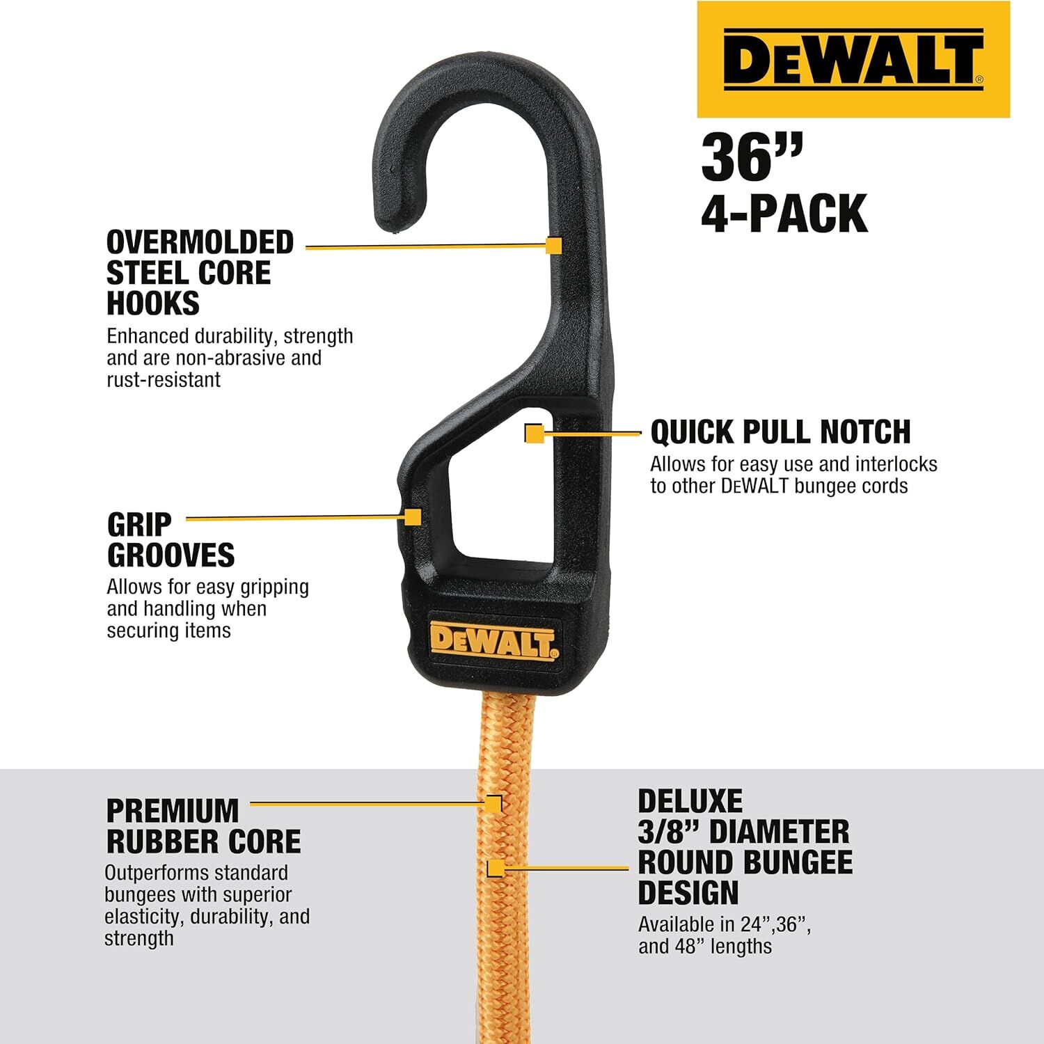 DeWalt Heavy Duty Bungee Cords, 36-In, 4-Pk