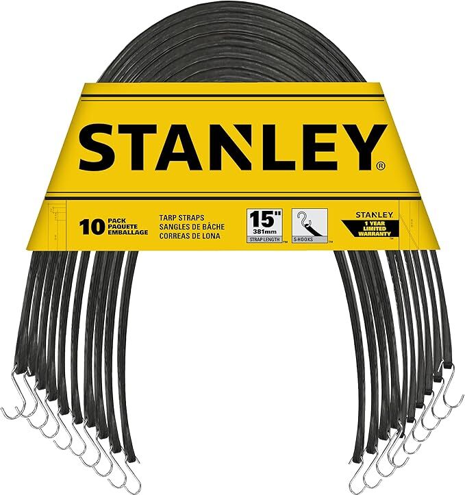 Stanley Black All-Weather Rubber Bungee Cords with S-Hooks, 15-In, 10-Pk