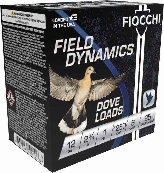 Fiocchi 12 Gauge, 2 3/4 In, #8 Shot, Dove Load, Field Dynamics Shotshell Cartridges - 25 Rounds