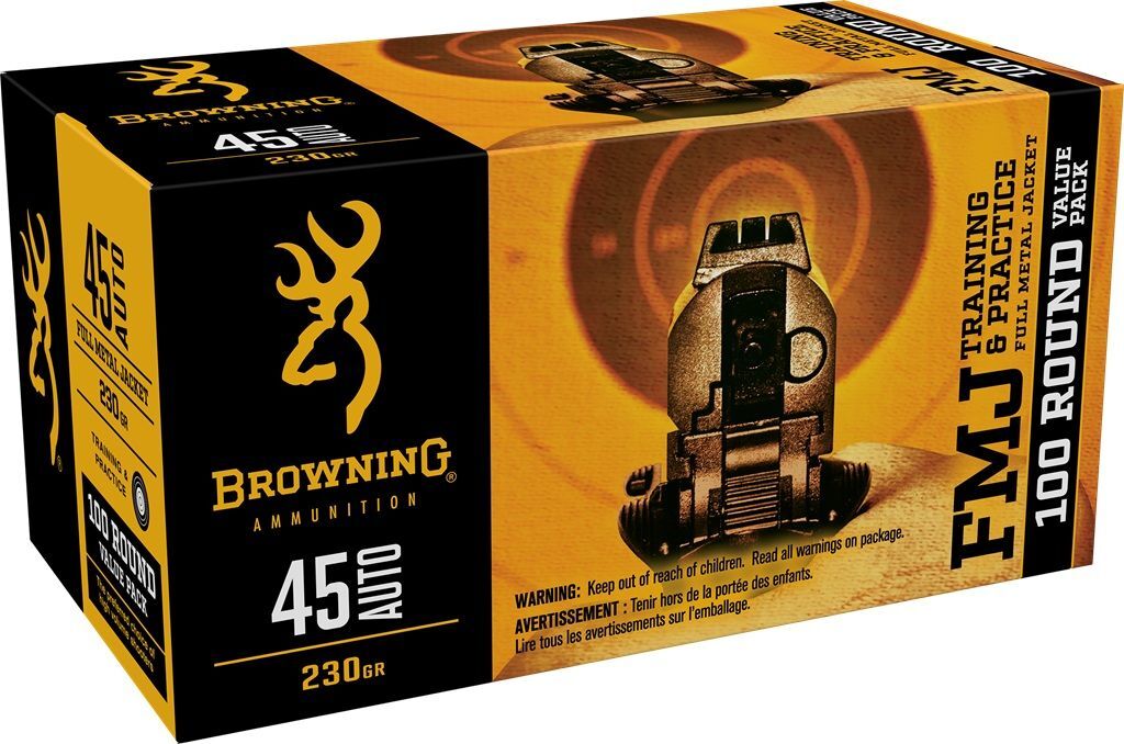 Browning Training & Practice .45 Auto, 230 Grain FMJ Pistol Ammo, 100-Rd