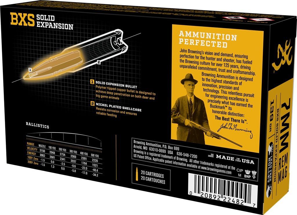 Browning 7mm Rem Mag, 138 Grain BXS Solid Expansion Rifle Ammo, 20-Rd