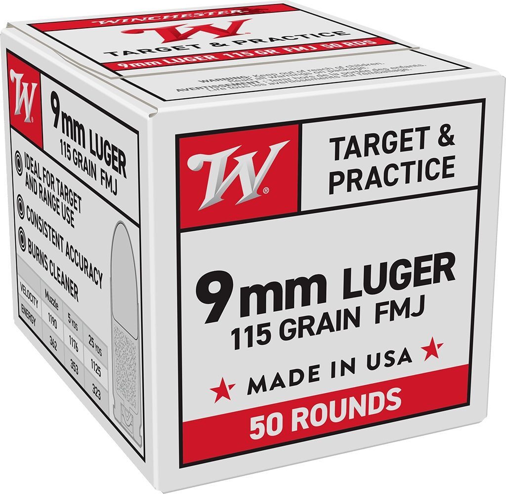 Winchester Target & Practice 9mm Luger, 115 Grain FMJ Pistol Ammo, 50-Rd