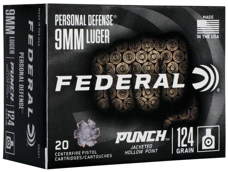 Federal Personal Defense Punch 9mm, 124 Grain Jacketed Hollow Point Pistol Ammo, 20-Rd