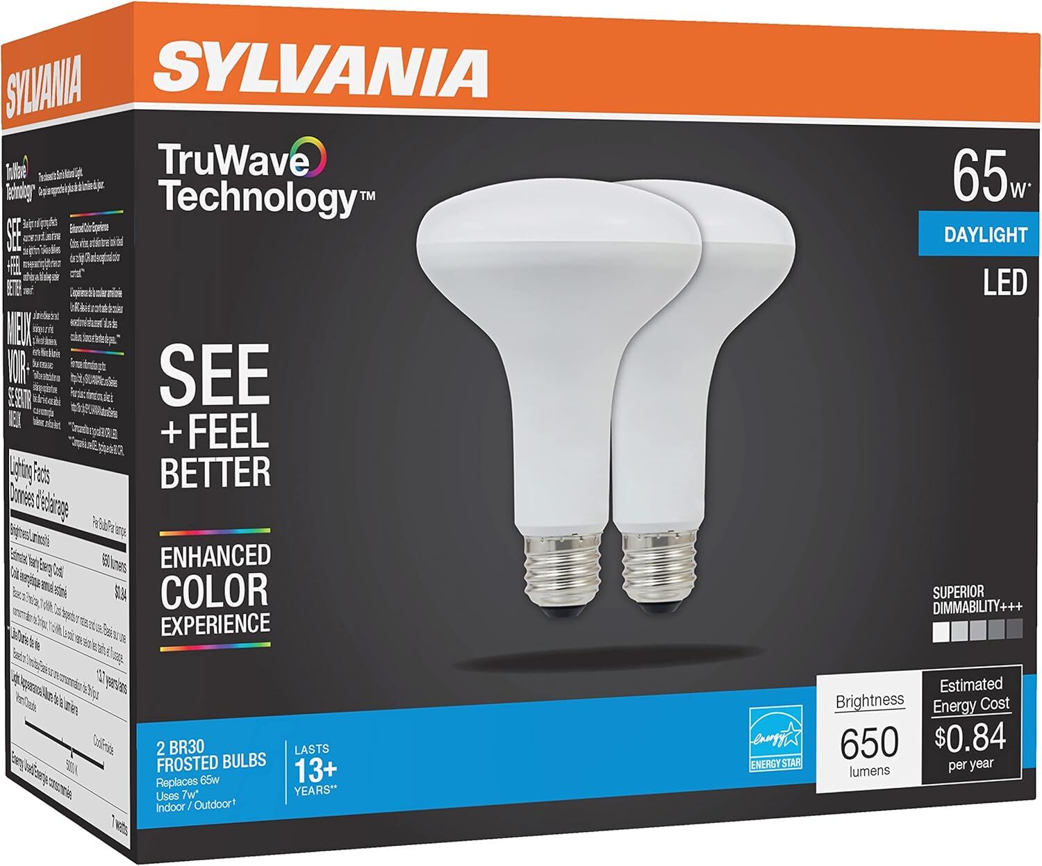 Sylvania TruWave Natural Series BR30 7 Watt Daylight Dimmable LED Light Bulb, 2-Pk