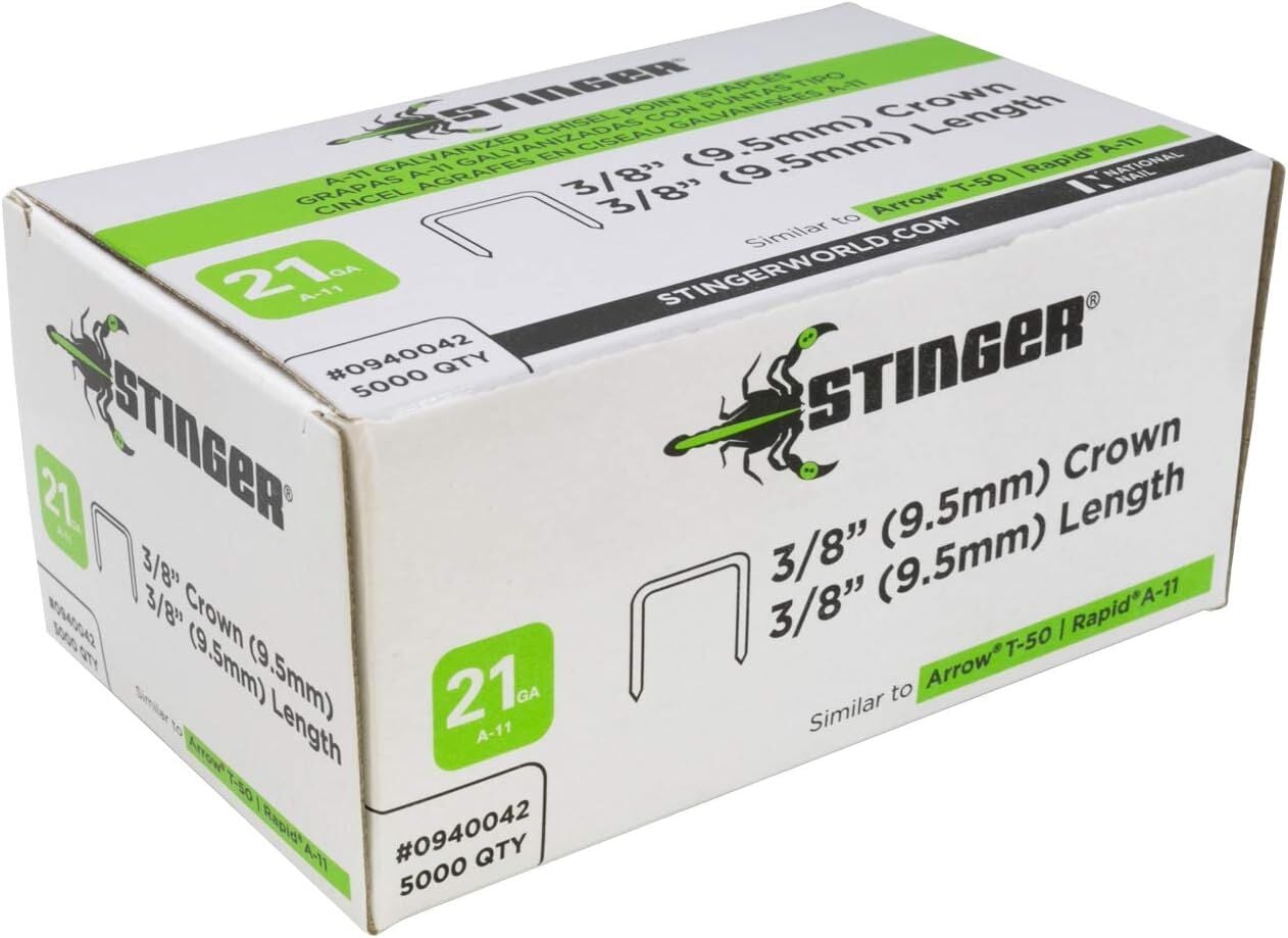 Stinger A-11 Staples, 21 Gauge, 3/8-In, 5000-Ct