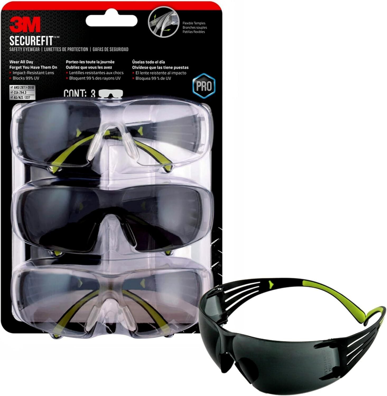 3M SecureFit 400 Safety Eyewear, 3-Pk