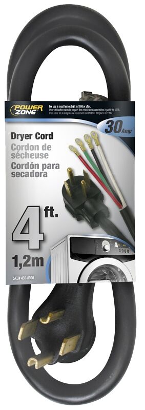 PowerZone Black Dryer Power Supply Cord, 10 Gauge, 30-A, 250-V, 4-Ft