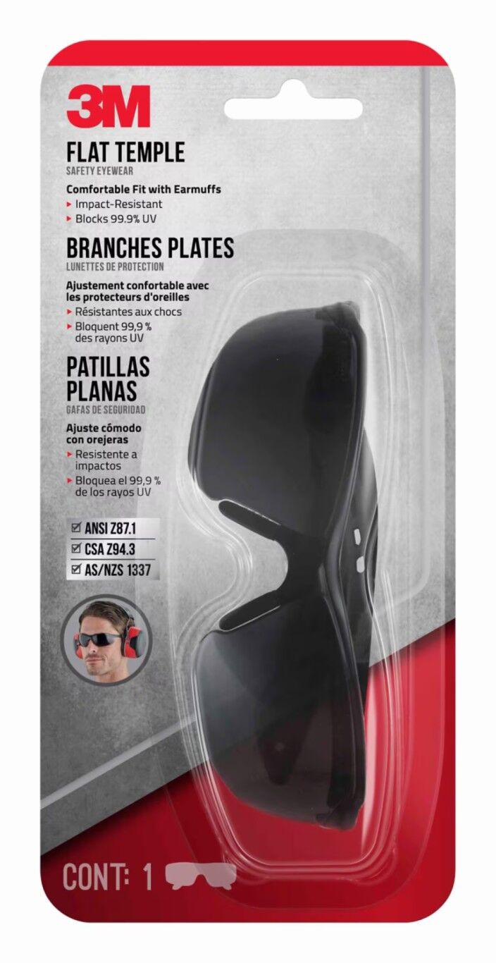 3M Black Gray Lens Flat Temple Safety Eyewear