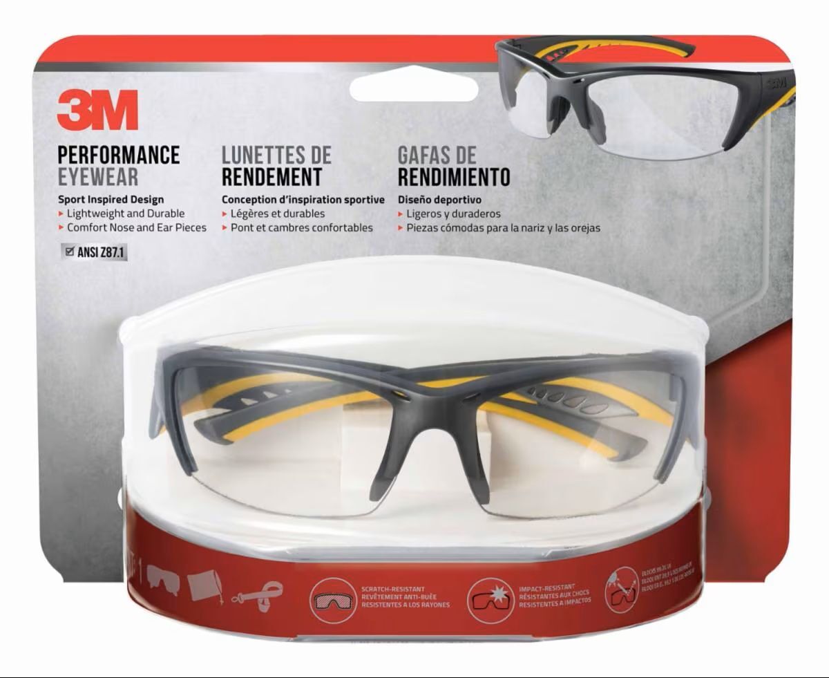3M Gray Frame with Yellow Accent Safety Eyewear, Clr/AF & Scratch Resistant Lens