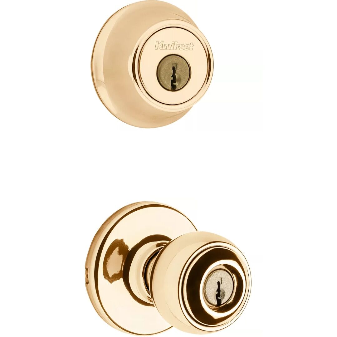 Kwikset Polished Brass Polo Security One Side Keyed Deadbolt Door Knob Set With Pin & Tumbler