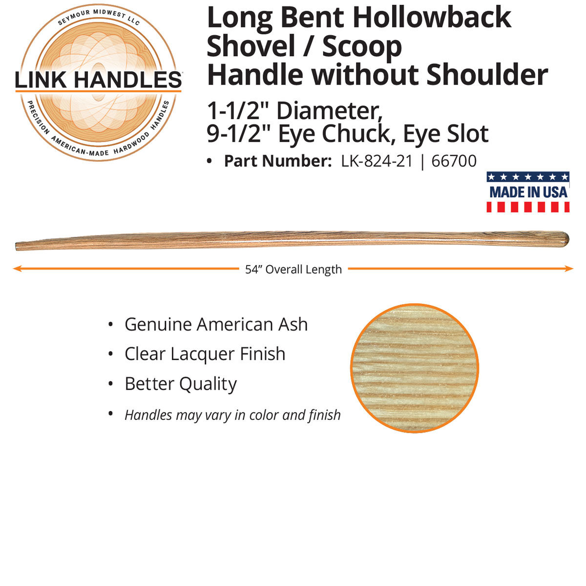 Link Handles Hollowback Shovel/Scoop Handle Without Shoulder, 1 1/2-In x 54-In